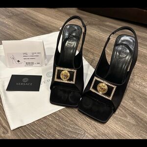 Versace Medusa satin peep toe sling back sandal